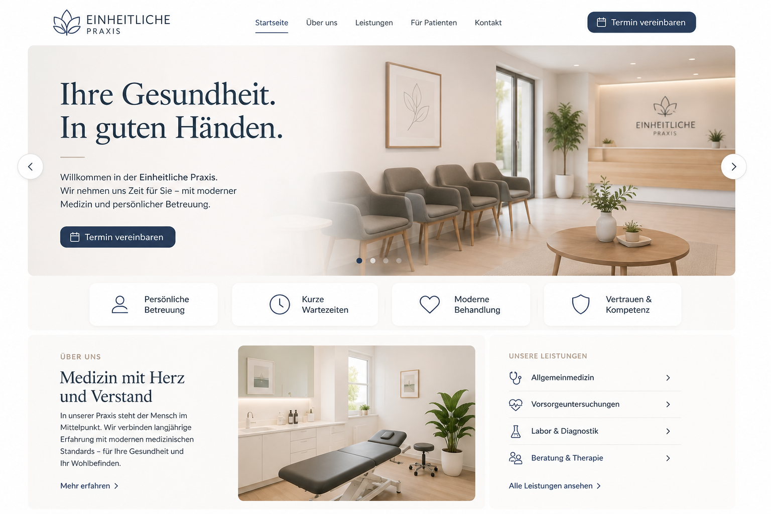 Startseite einer modernen Arztpraxis-Website mit Terminbuchung, Leistungsübersicht und Wartezimmer-Foto, gestaltet von Betrieb Kreativ