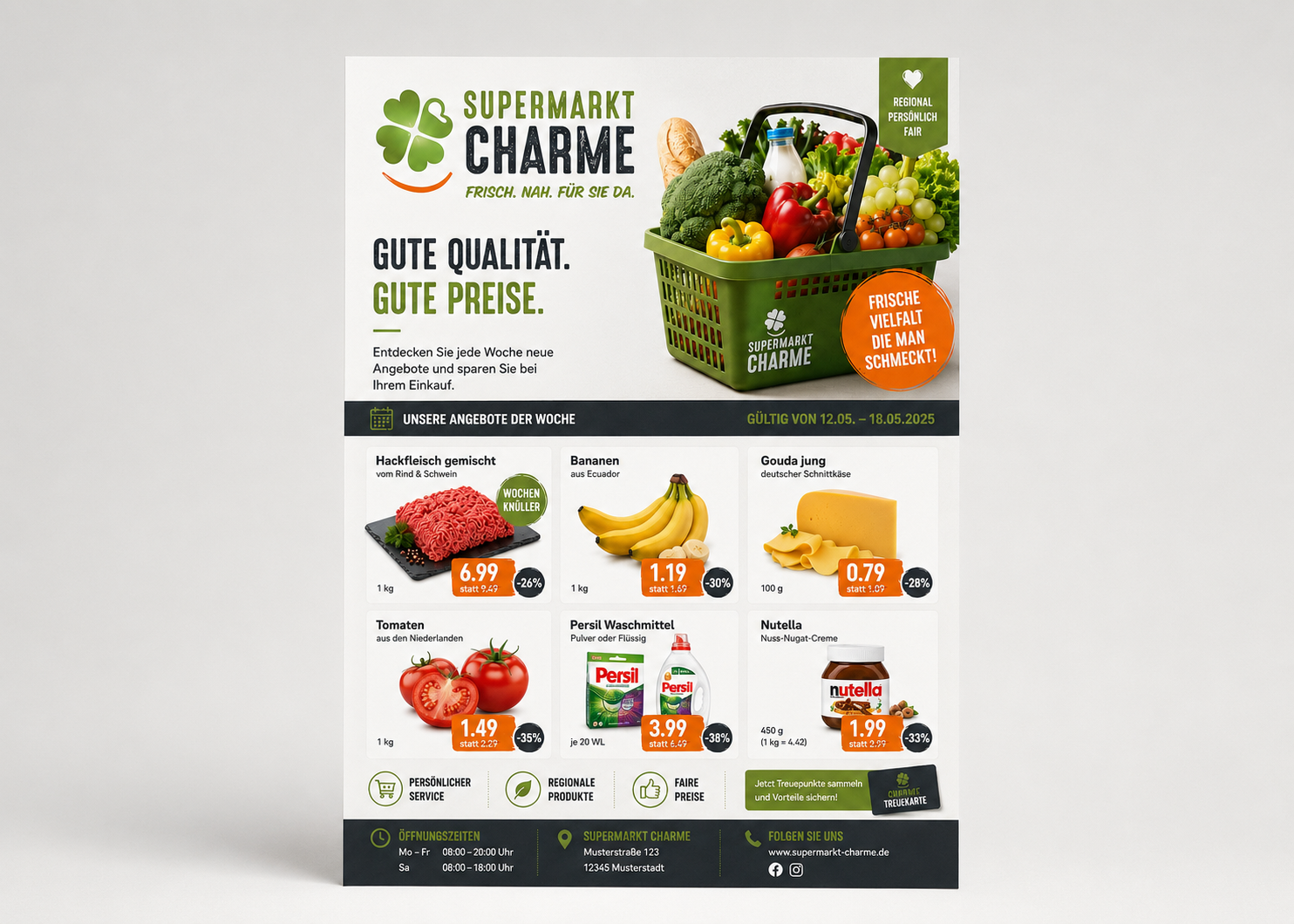 Werbeflyer mit Wochenangeboten für einen Supermarkt: Logo, Produktfotos mit Preisen und Rabatten sowie Öffnungszeiten, gestaltet und gedruckt von Betrieb Kreativ