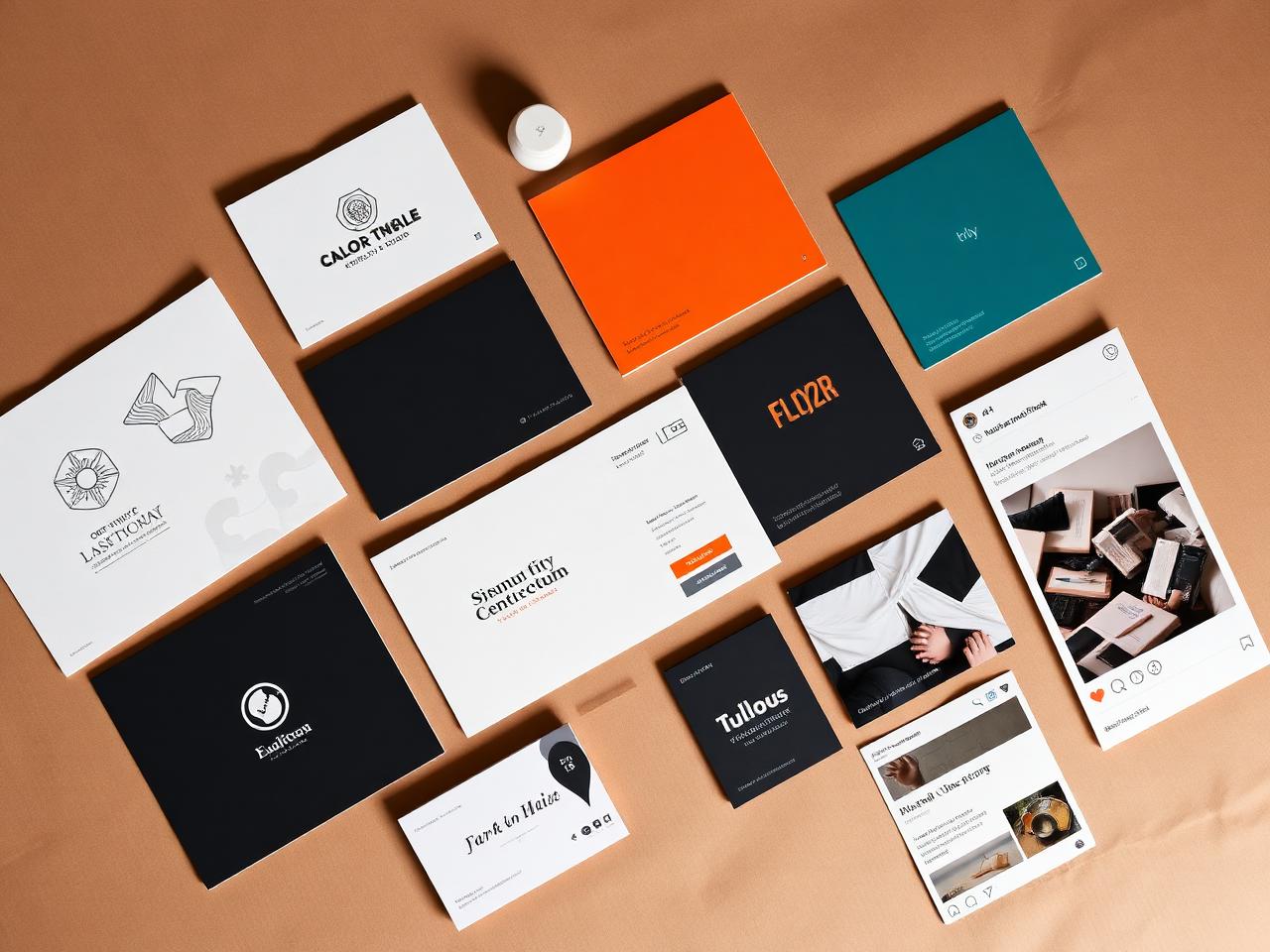 Branding-Board mit Logo-Entwürfen, Farbpalette, Schriftmustern und Social-Media-Vorlagen