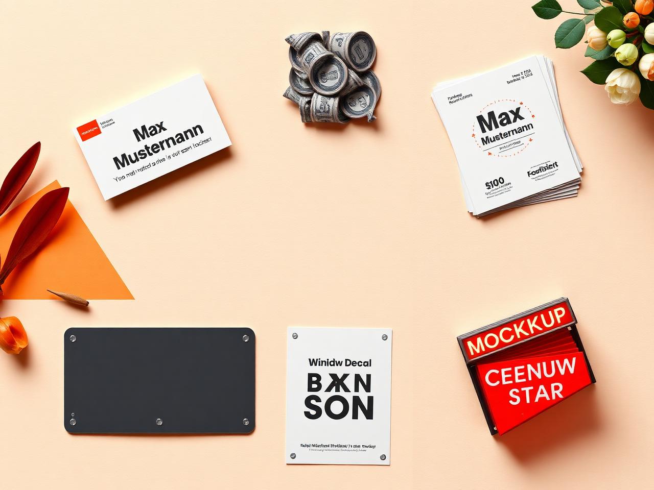 Mockup mit Visitenkarte Max Mustermann, Flyer, Schild, Glasfolie und Leuchtreklame