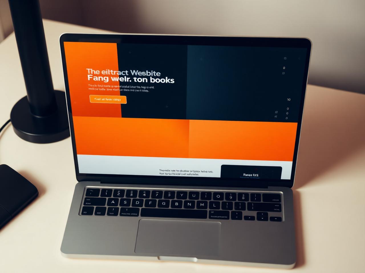 Moderner Laptop mit kreativem Website-Layout aus orangenen Blöcken und Code-Andeutungen